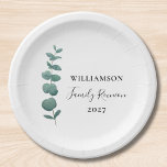 Modern Elegant Eucalyptus Family Reunion Paper Plate<br><div class="desc">This paper plate is decorated with a stylish watercolor eucalyptus sprig with elegant typography.
Easily customizable.
Use the Design Tool to change the text size,  style,  or color.
Because we create our artwork you won't find this exact image from other designers.
Original Watercolor © Michele Davies.</div>