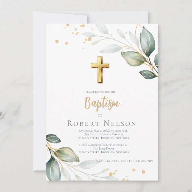 Modern Elegant Eucalyptus Gold Baptism Christening Invitation (Front)