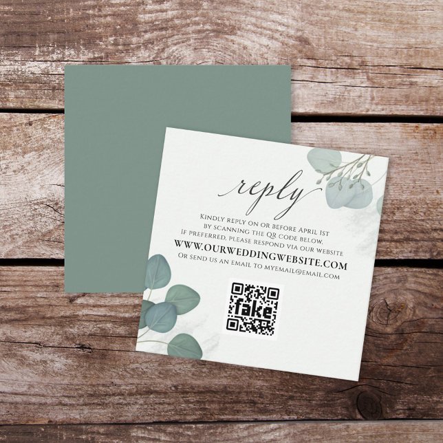 Modern Elegant Eucalyptus Greenery QR Code RSVP Square Business Card (Creator Uploaded)