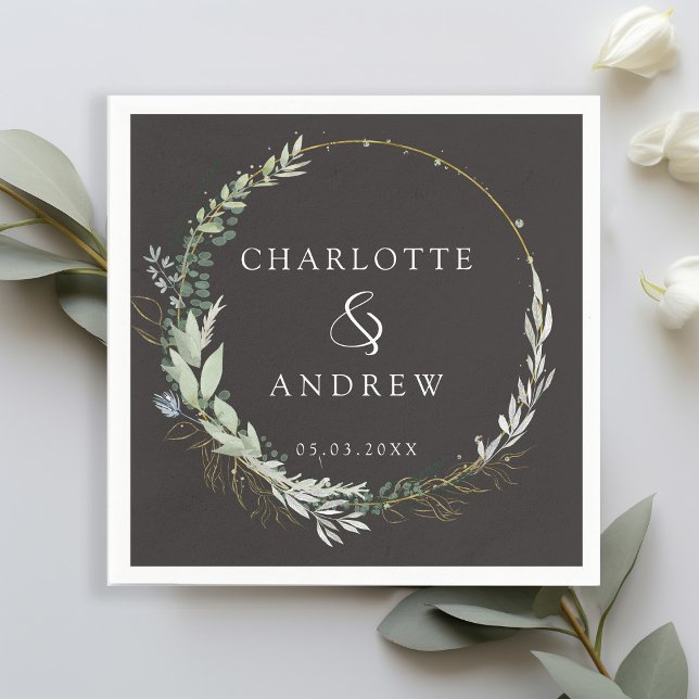 Modern, elegant, eucalyptus, grey-black wedding  napkin (Creator Uploaded)