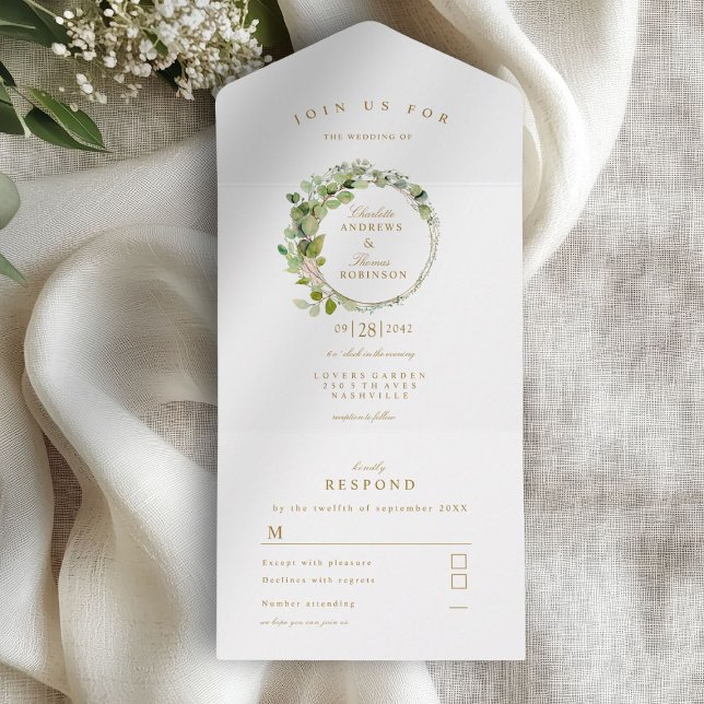 Modern, elegant eucalyptus wedding  all in one invitation (Modern, elegant eucalyptus wreath wedding all in one invitation)