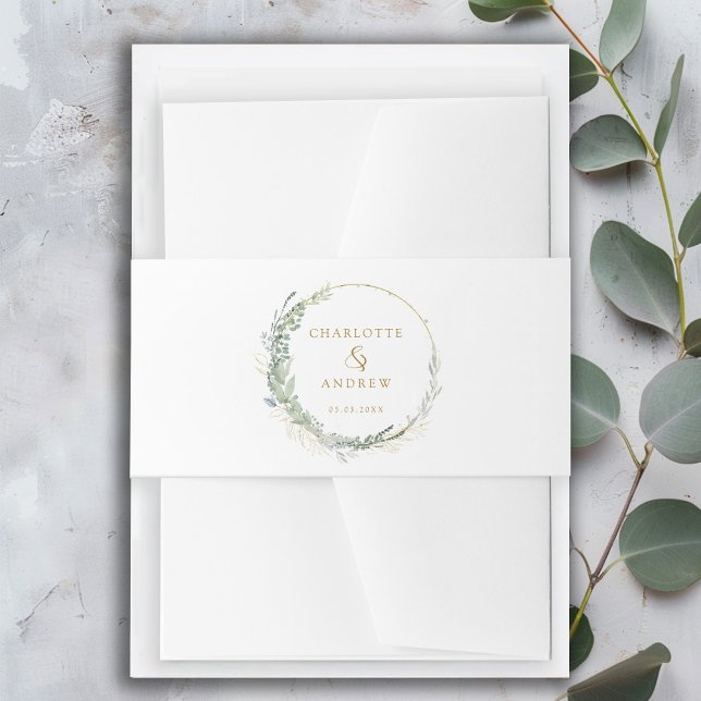 Modern, elegant eucalyptus wedding   invitation belly band (Modern, elegant eucalyptus wedding invitation belly band with your name and date.)