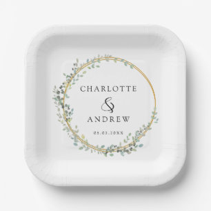Modern, elegant eucalyptus wedding paper plate