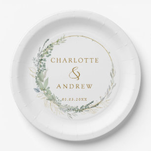 Modern, elegant eucalyptus wedding paper plate