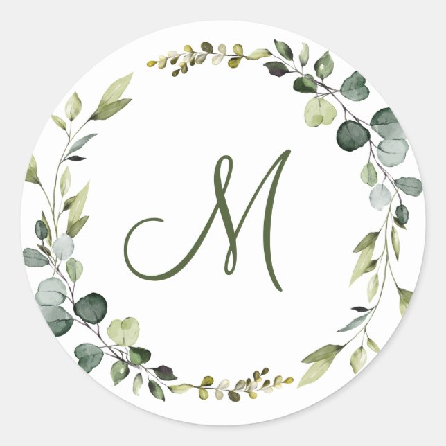 Modern Elegant Eucalyptus Wreath MONOGRAM Boho Classic Round Sticker (Front)