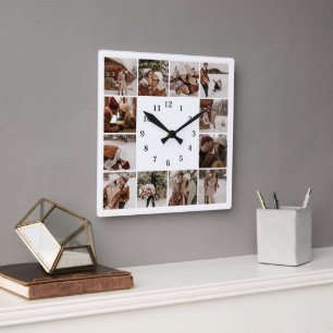Modern Elegant Family 12 Photo Collage Keepsake Square Wall Clock