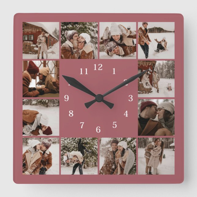 Modern Elegant Family 12 Photo Collage Keepsake Square Wall Clock (Front)