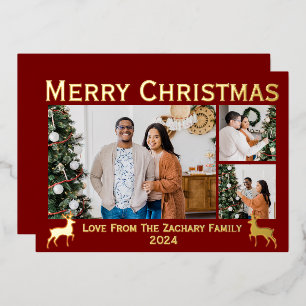Modern Elegant Family 3 Photo Collage Elegant  Foil Holiday Card