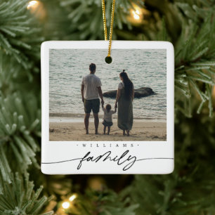 Modern Elegant Family Photo Script Typography Ceramic Ornament