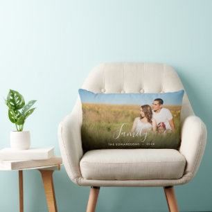 Modern elegant family photo together script lumbar pillow