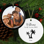 Modern   Elegant Family Vacation Photo Christmas Ceramic Ornament<br><div class="desc">Remember your family's tropical vacation with this personalized Christmas tree ornament. The ornament is modern and elegant and has a black silhouette of a palm tree and black text for your family's name, vacation year, and trip destination. On the back there is space for a custom family photo. This ornament...</div>