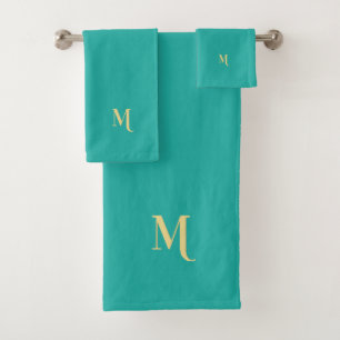 Modern Elegant Faux Gold Monogram Initial Teal Bath Towel Set