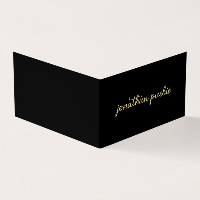 Modern Elegant Faux Gold Script Text Black Folded Business Card (Outside)