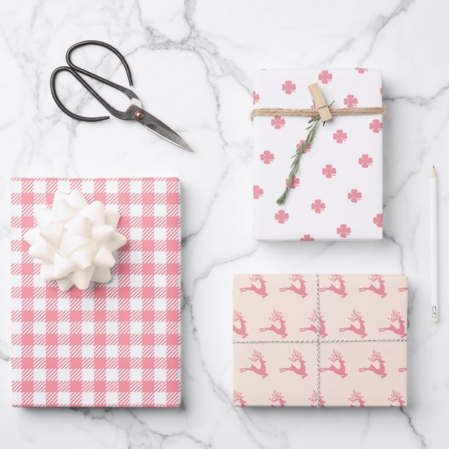 Modern Elegant Festive Pink Clover Deer Gingham Wrapping Paper Sheet (Front)