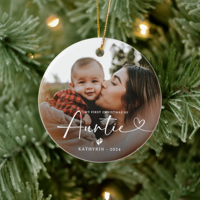 Modern Elegant First Christmas As Auntie Photo Ceramic Ornament (Tree)