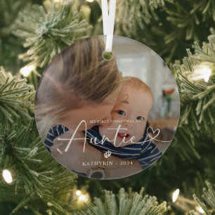 Modern Elegant First Christmas As Auntie Photo Glass Ornament