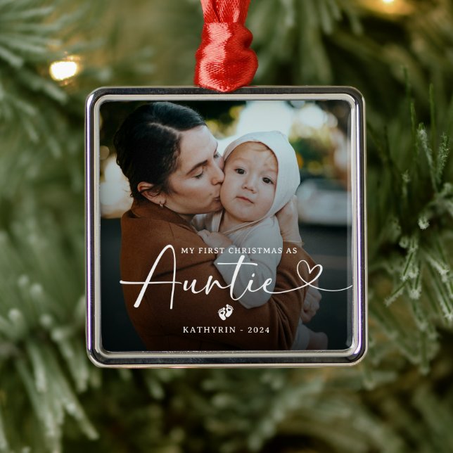Modern Elegant First Christmas As Auntie Photo Metal Ornament (Tree)