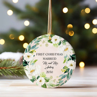 Modern Elegant First Christmas Married  Ceramic Ornament