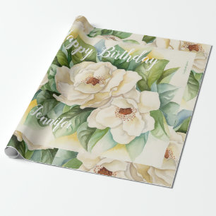 Modern Elegant Floral Birthday Name Script Wrapping Paper