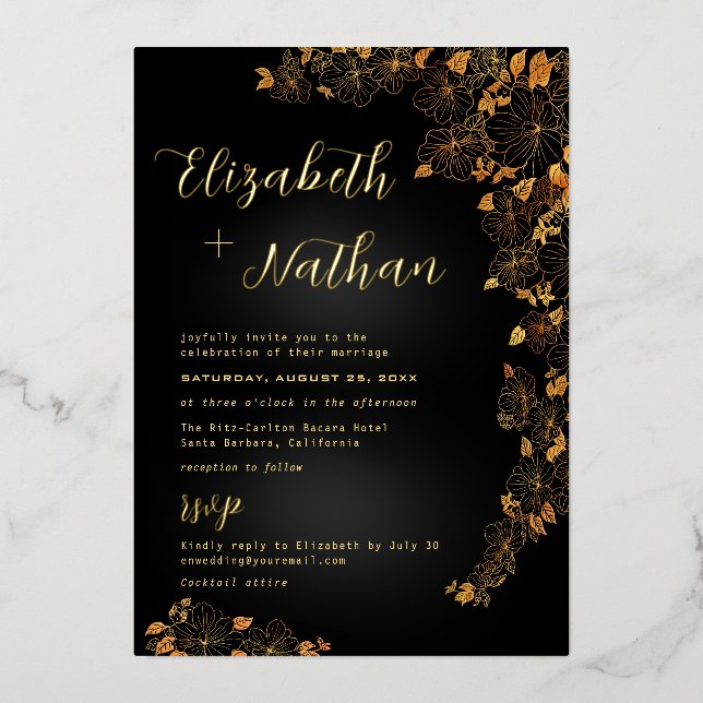 Modern Elegant Floral Black & Gold Wedding  (Front)