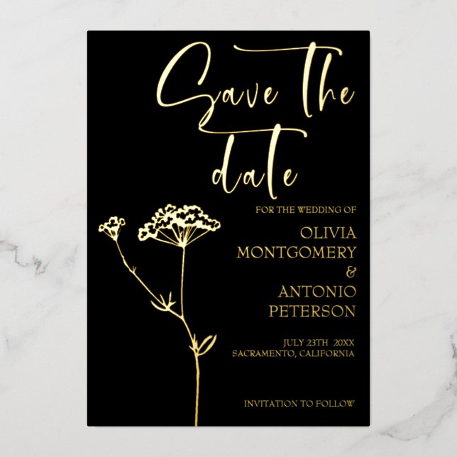 Modern Elegant Floral Black Save the date (Front)