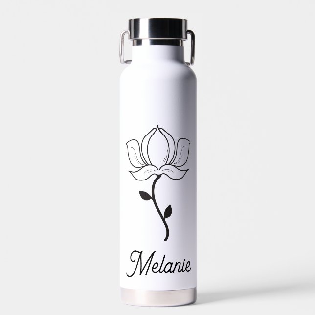 Modern Elegant Floral Black White Water Bottle (Front)