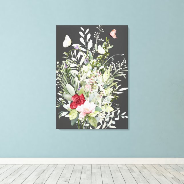 Modern Elegant Floral Butterfly Dark Grey Canvas Print (Insitu(Wood Floor))