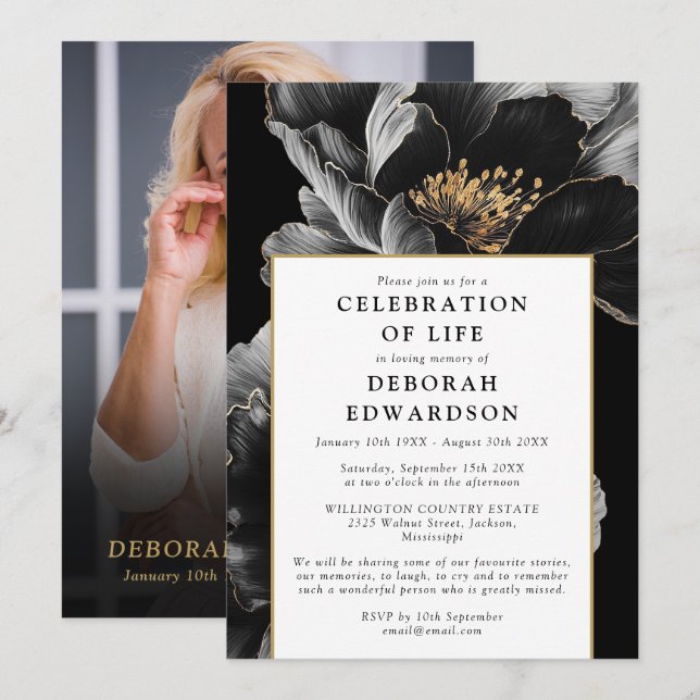 Modern Elegant Floral Celebration Of Life Photo Invitation (Front/Back)