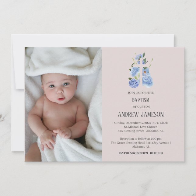 Modern Elegant Floral Christian Cross | Baptism Invitation (Front)