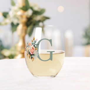 Modern Elegant Floral Custom Monogram Stemless Wine Glass