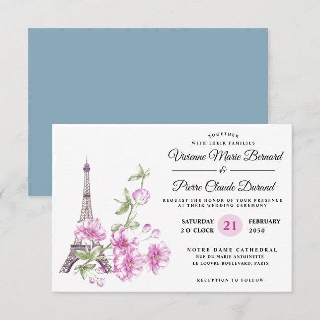 Modern Elegant Floral Destination Eiffel Tower Invitation (Front/Back)
