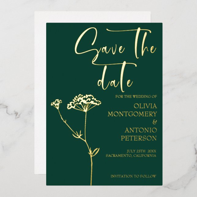 Modern Elegant Floral Emerald Green Save the date (Front/Back)