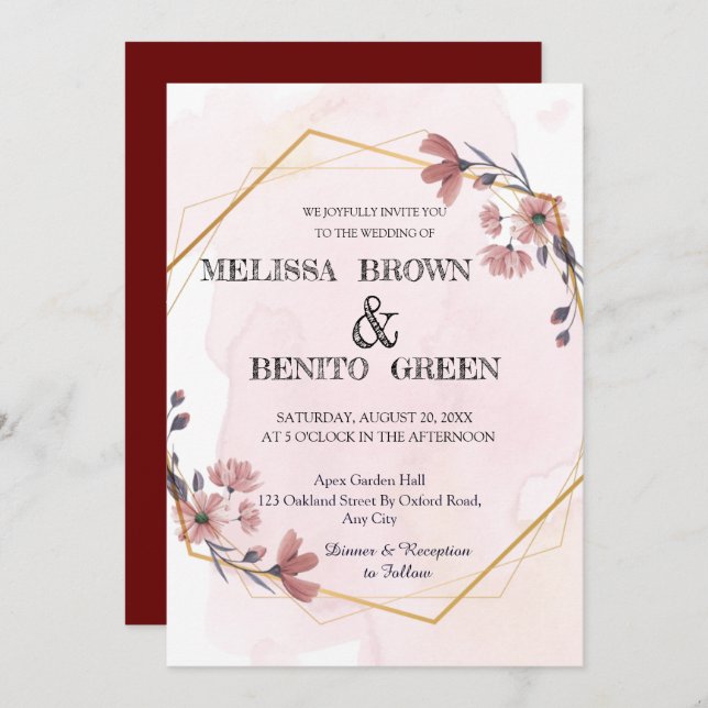 Modern Elegant Floral Geometric Frame Wedding Invitation (Front/Back)