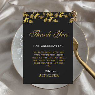 Modern Elegant Floral Gold Black Retirement Party  Thank You Card