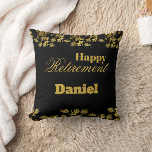 Modern Elegant Floral Gold Black Retirement Party  Throw Pillow