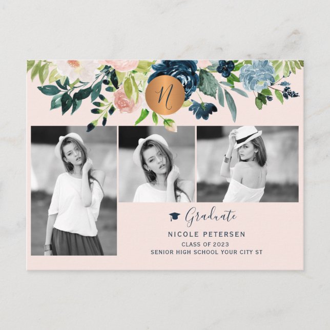 Modern elegant floral graduation photo collage announcement postcard (Front)