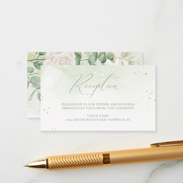 Modern Elegant Floral Greenery Wedding Reception Enclosure Card (Front/Back In Situ)