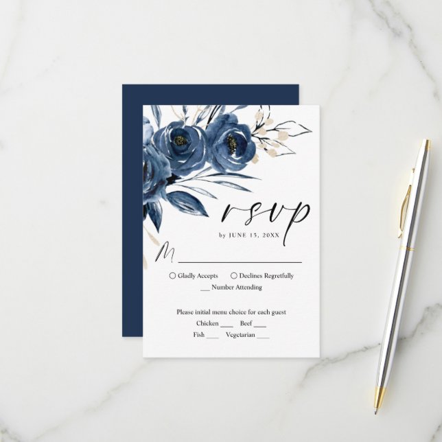 Modern Elegant Floral Navy Blue Script Wedding RSVP Card (Front/Back In Situ)