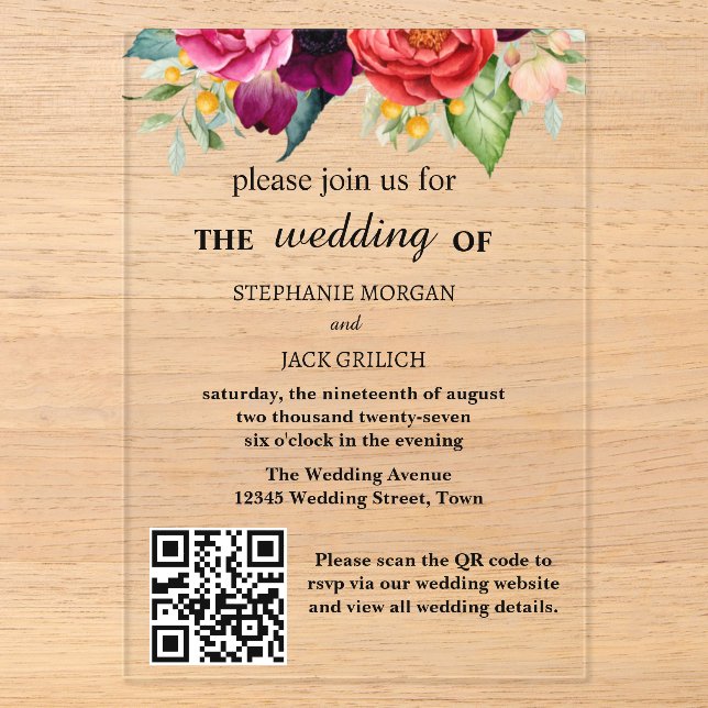 Modern Elegant Floral QR Code Budget Wedding Acrylic Invitations (Front)