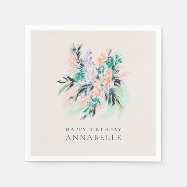 Modern Elegant Flowers Bouquet Happy Birthday Napkin (Front)