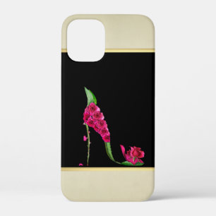 Modern Elegant Girly, Black, Cream,Flower Heel iPhone 12 Mini Case