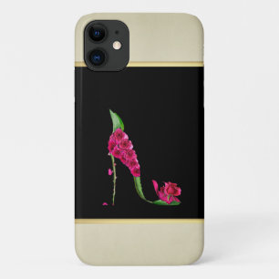 Modern Elegant Girly, Black, Cream,Flower Heel iPhone 11 Case