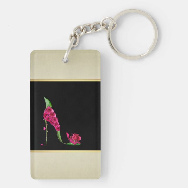 Modern Elegant Girly, Black, Cream,Flower Heel Keychain (Back)