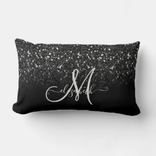 Modern Elegant Girly, Black Glitter Ombre Monogram Lumbar Pillow