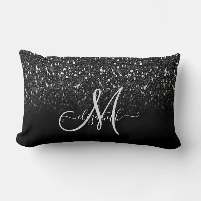 Modern Elegant Girly, Black Glitter Ombre Monogram Lumbar Pillow (Front)