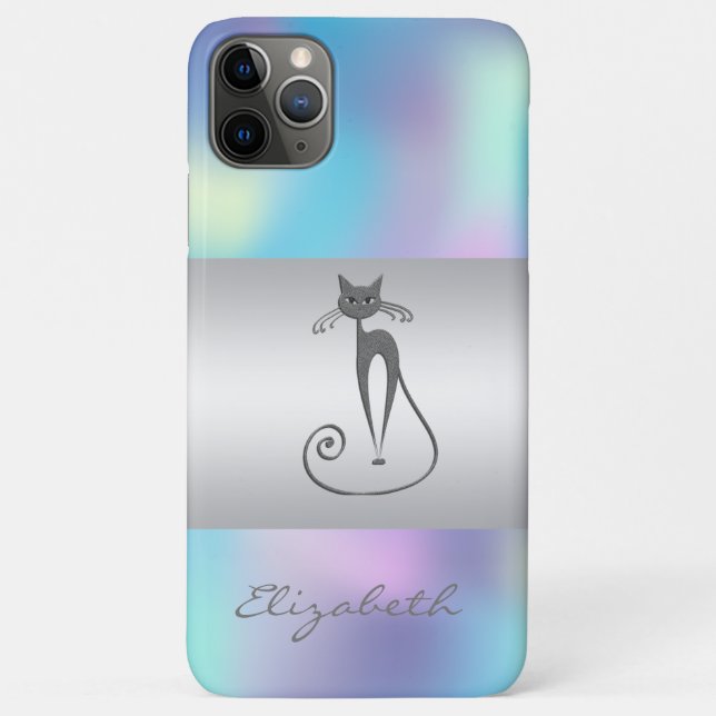 Modern Elegant Girly, Cat Blue Holographic Case-Mate iPhone Case (Back)