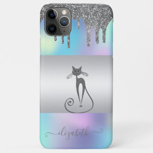 Modern Elegant Girly,Cat Holographic Glitter Drips iPhone 11 Pro Max Case