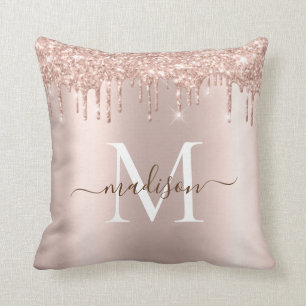 Modern Elegant Girly Rose Gold Glitter Monogram Throw Pillow