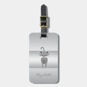 Modern Elegant Girly, Silver Whimsical  Cat Luggage Tag