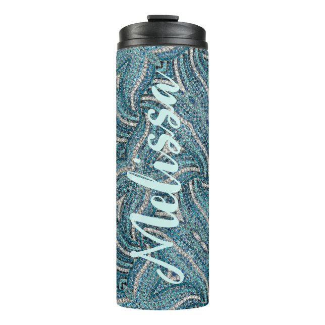Modern  Elegant Girly Turquoise  Swirl Custom Name Thermal Tumbler (Front)